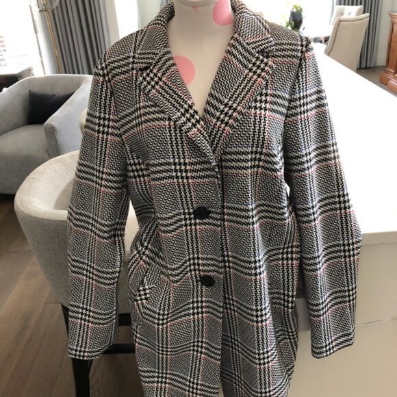 Sigrid Olsen New Fusion Plaid 2 Button Notch Collar Coat Blk White Red Sz 12 NWT - Picture 2 of 15